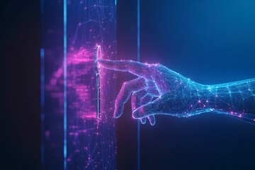 Poster - Futuristic Hand Interacting with Digital Interface Representing Advanced Technology and Connectivity in a Neon Environment