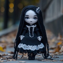 Wall Mural - Nice halloween gothic girl witch doll crocheted made of yarn wool beautiful holiday picture handmade decor design art creative craft