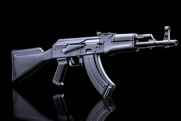 AK-47 with a modern polymer stock and rail system, set on a reflective black surface