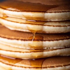 Wall Mural - Extreme Macro of a Stack of Pancakes with Syrup Dripping: A flatlay photo of a stack of pancakes with syrup slowly dripping down, captured in extreme detail with deep focus.