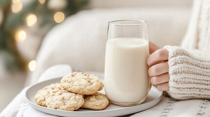 Glass of almond milk next to a plate of vegan cookies, cozy scene emphasizing plantbased indulgence and lifestyle