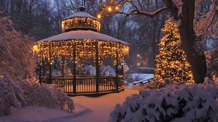 Poster - Illuminated Winter Gazebo And Decorated Christmas Tree