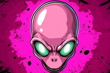 Alien head drawn with simple shapes and large glowing eyes against a plain dark background