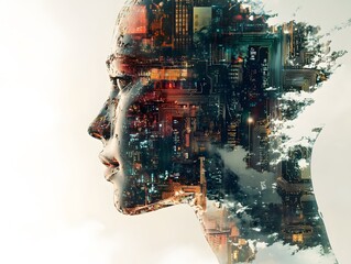 Aufkleber - A Futuristic Portrait Blending Human Features with Urban Cityscape and Technology Elements, Capturing the Essence of Innovation and Modernity