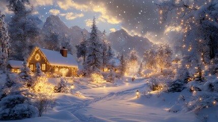 Poster - Illuminated Log Cabin Winter Wonderland Snowy Mountains