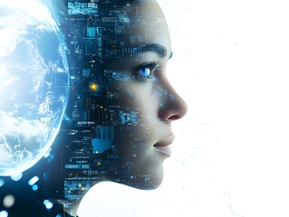 Poster - Futuristic Portrait of a Young Woman Blending Nature and Technology with Earth Elements and Digital Graphics for Creative Conceptual Use
