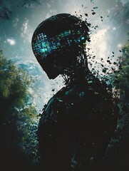 Aufkleber - Abstract Representation of a Futuristic Artificial Intelligence Being Surrounded by Nature, Symbolizing the Fusion of Technology and Environment