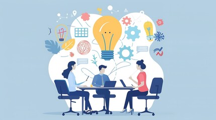 Poster - A collaborative workspace featuring three individuals brainstorming with ideas represented by light bulbs and gears.