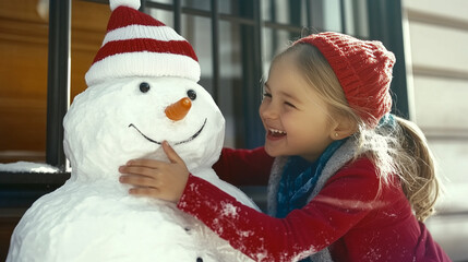 Canvas Print - A girl is hugging a snowman on a sunny winter day