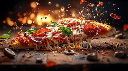 A slice of pepperoni pizza exploding upwards, with melted cheese and toppings like olives, mushrooms, and basil leaves flying off, set against a warm rustic background,