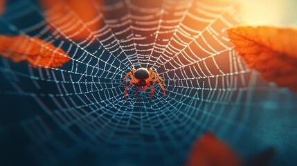Spider in intricate web with autumn leaves, backlit by sunlight.