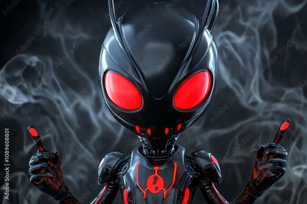 Alien in a dark, Gothic setting, with glowing red eyes and an eerie ...