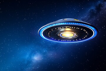 Fototapete - Alien spacecraft as a clean, circular shape with a glowing center hovering over a solid color background
