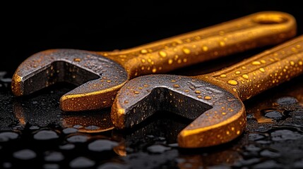 Wall Mural - Two golden wrenches with water droplets on a dark surface.