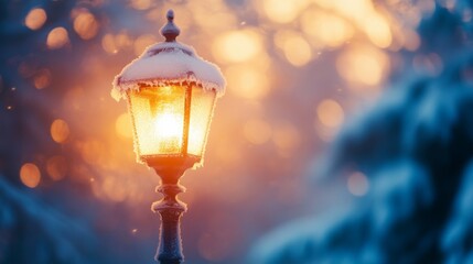 Poster - Snowy Lantern Glowing in Winter Wonderland Scene