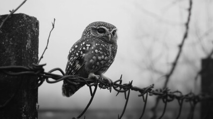 Wall Mural - Small owl on barbed wire fence