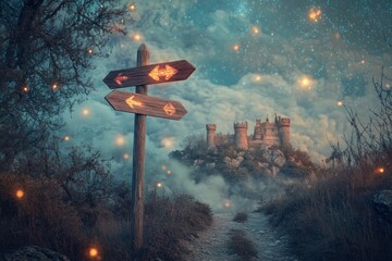 Wall Mural - A mystical landscape featuring a signpost with two arrows. The background shows a magical castle shrouded in clouds and stars. Explore the adventure. Generative AI