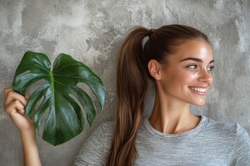 Wall Mural - A woman grasping a big leaf from a plant, natural beauty and simplicity