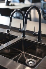 Poster - A standard kitchen sink with two faucets installed, suitable for various interior design and decor projects