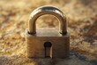 © Alla - A close-up shot of a metal padlock sitting on a sandy surface