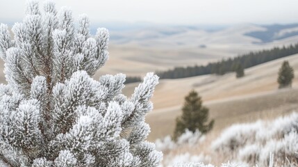 Poster - Frosty Pine Tree Branches Against a Winter Landscape