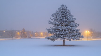 Poster - Frosty Pine Tree in Snowy Winter Landscape at Dusk