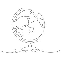 Wall Mural - school globe with route path flying airplane continuous line drawing. world map hand drawn linear sy