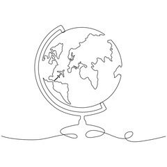 Wall Mural - School globe with route path flying airplane continuous line drawing. World map hand drawn linear symbol. Travel concept. Vector illustration isolated on white.