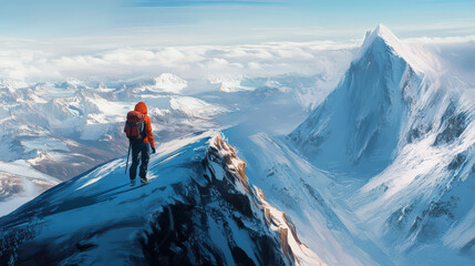 Wall Mural - A man in an orange jacket stands on a snow covered mountain peak