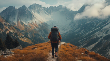 Wall Mural - A man is hiking up a mountain with a backpack on