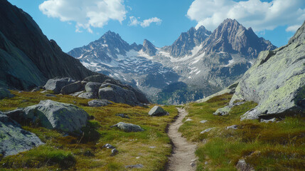 Wall Mural - A mountain range with a path leading through the grassy area