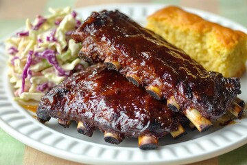 Wall Mural - White Plate with Ribs and Coleslaw