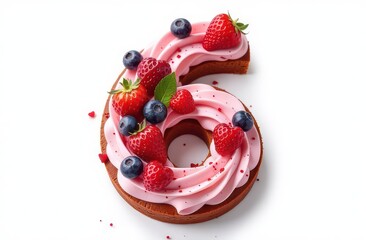 Wall Mural - Intertwined cakes and berries letter “6”, realist precision, high saturation, beautiful, inspiring, isolated, flat white background