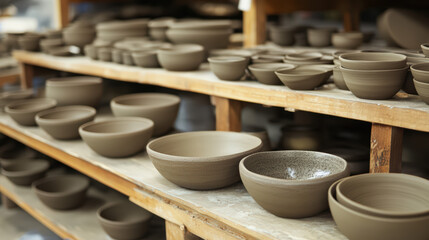 Wall Mural - A shelf full of bowls and plates made of clay