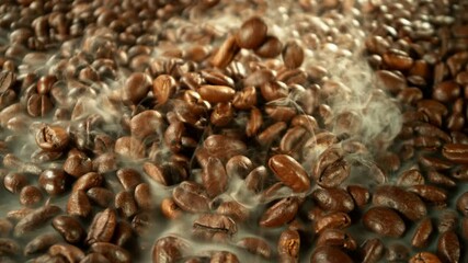 Aufkleber - Super Slow Motion of Falling Coffee Beans on Pile. Concept of Roasting Coffee Beans. Filmed on High Speed Cinema Camera, 1000 fps.