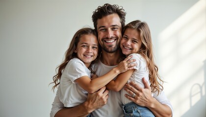 Happy father holding his two daughters, all smiling and joyful together