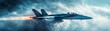 © Nantana - fighter jet soaring through clouds, showcasing its power and agility as it leaves trail of smoke and fire. dynamic scene captures essence of aviation and speed