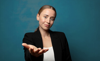 Wall Mural - smiling, looking happy, confident and friendly, offering a handshake to close a deal, cooperating
