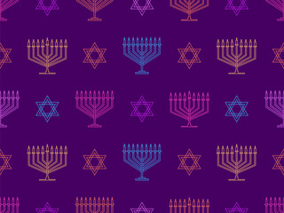 Wall Mural - Hanukkah seamless pattern with menorah with nine candle and Star of David. Nine lit Hanukkah candles. Design for invitation flyers, brochures and promotional items. Vector illustration