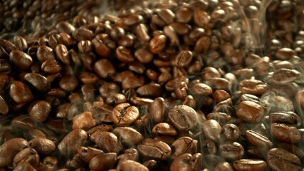 Aufkleber - Super Slow Motion of Coffee Beans Rotating in Roasting Grinder. Concept of Roasting Coffee Beans with Camera Motion. Filmed on High Speed Cinema Camera, 1000 fps.