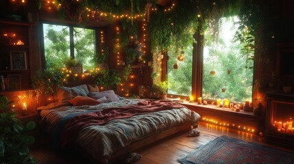 Wall Mural - Here's a caption and keywords for your stock photo.. Cozy, plant-filled bedroom with fairy lights and large windows overlooking a forest.