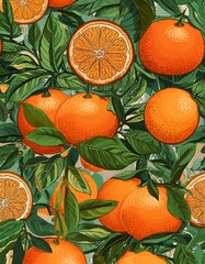 Tropical seamless pattern with orange citrus fruit. Vector Illustration for print fabric or wallpaper