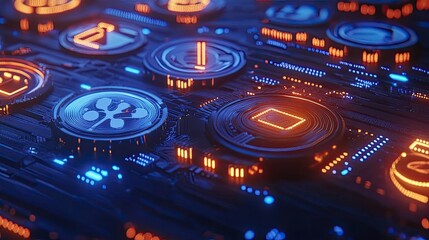 Wall Mural - Futuristic digital interface with glowing icons on circuit board.