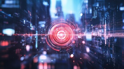 Wall Mural - Futuristic city digital interface with glowing red core.