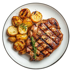 Canvas Print - Delicious grilled steak with roasted potatoes on a plate, isolated on transparent cutout background