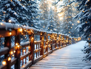 Poster - A snow-covered wooden bridge in a winter forest, glowing fairy lights draped over the railings, soft golden light filtering through frosted evergreen trees, scattered snowflakes falling