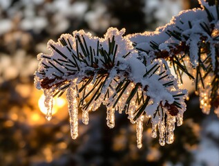 Poster - Frost-covered pine branch with icicles glistening in the golden light of sunset