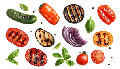 Wall Mural - Set of grilled vegetables with herbs, isolated on transparent cutout background