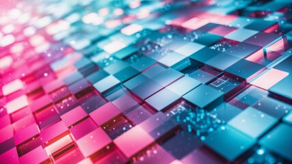 Abstract Digital Blocks: A mesmerizing array of vibrant pink and blue blocks form an abstract pattern, creating a dynamic and visually engaging image, perfect for technology and design concepts.