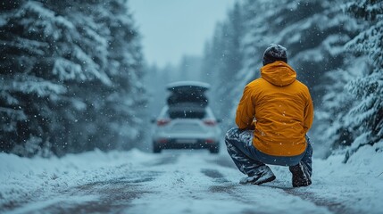 Fototapete - A man in a yellow jacket standing beside a car with an open hood on a snowy roadside, using a flashlight to inspect the engine as heavy snowflakes fall around him 